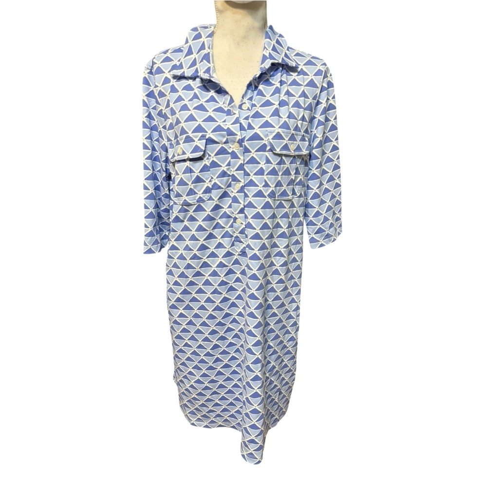 Persifor Winpenny Dress XL Navy White Geometric Print Stretch Shirt Dress USA